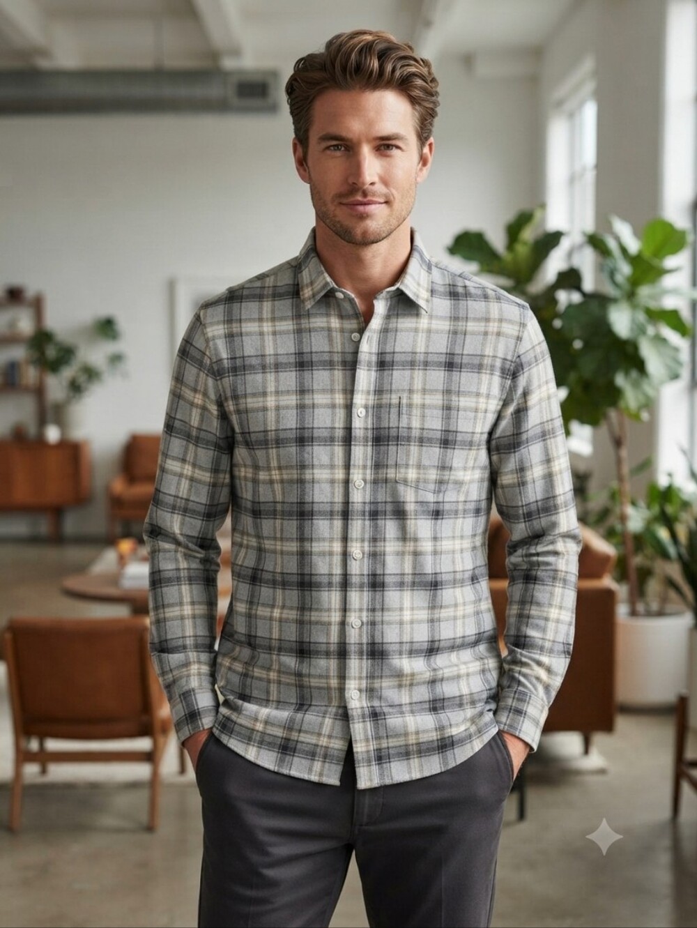 Boss Gray Plaid Long-Sleeve Button-Down Shirt, Size Large